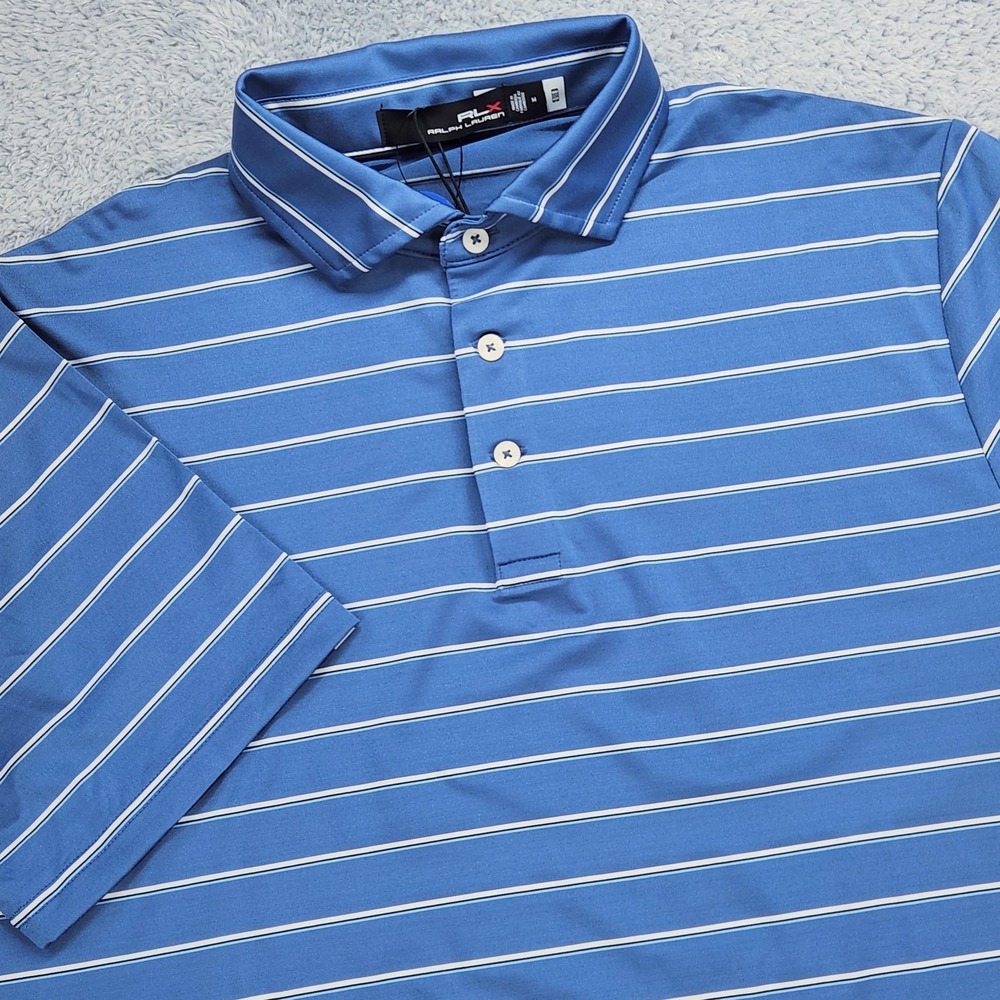 RLX Ralph Lauren Polo Shirt Mens Medium Blue Striped Golf Wicking Stretch NEW